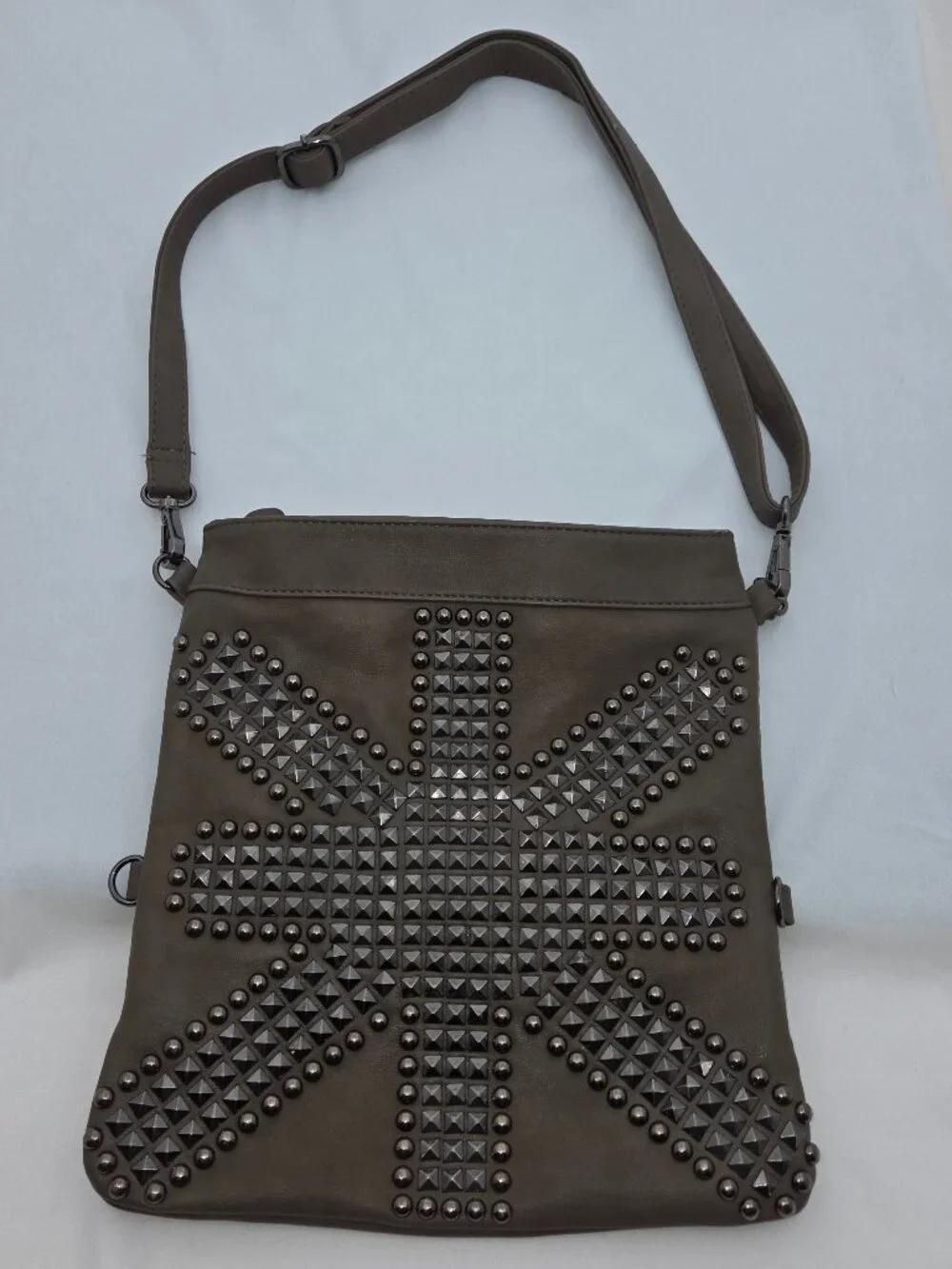 Urban Expressions Taupe-Grey Vegan Leather Studded Crossbody Bag